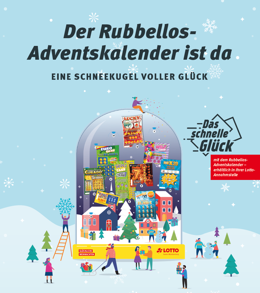 Rubbellos-Adventskalender in Schneekugel mit Wintermotiv.
