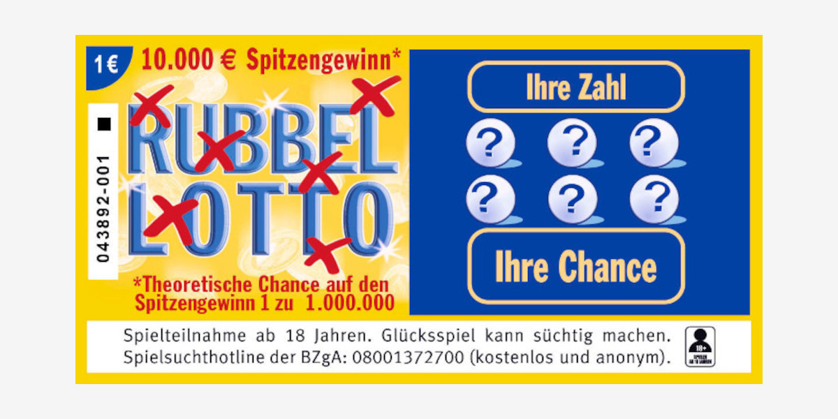 Rubbellos RubbelLotto. 1 €. 10.000 € Spitzengewinn. Chance 1 zu 1 Mio.