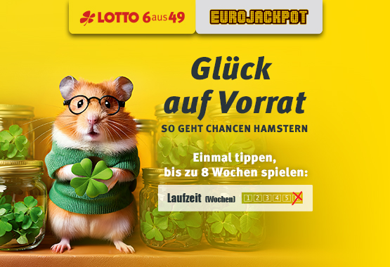 Hamster mit Kleeblatt wirbt für Lotto-Mehrwochenschein.