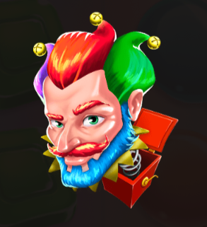 Bunter Joker-Kopf mit gr&uuml;nem, blauem und rotem Haar, aus einer Spielzeugkiste springend.
