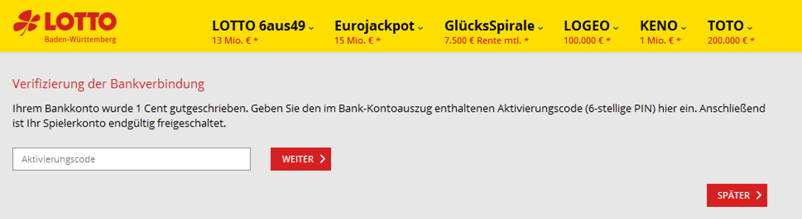 Verifizierung der Bankverbindung mit Aktivierungscode LOTTO Baden-Württemberg