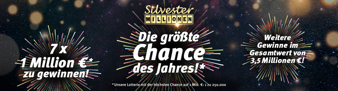 Silvester-Millionen 2022 im Feuerwerk: Die Größte Chance des Jahres! Unsere Lotterie mit der höchsten Chance auf 1 Mio. €: 1 zu 250.000.