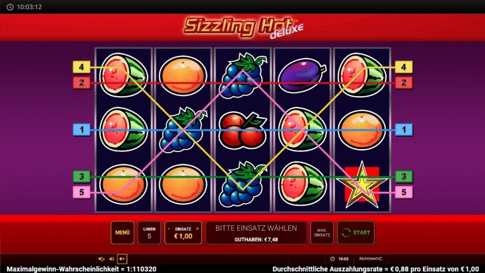 Slot Sizzling Hot deluxe mit bunten Fruchtsymbolen und markierten Gewinnlinien im Raster, violett-roter Hintergrund