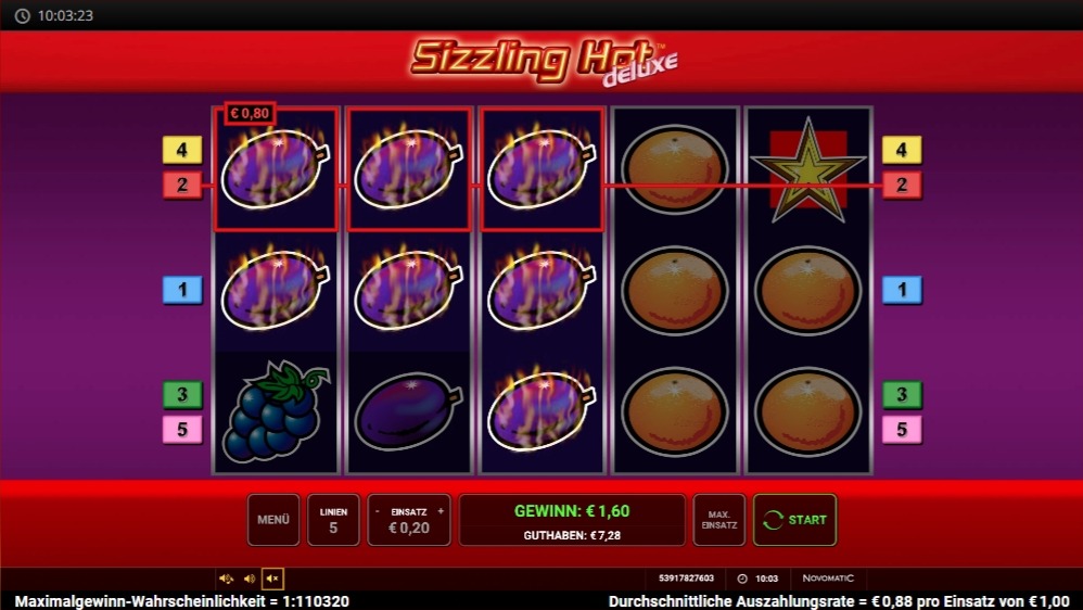 Slot Sizzling Hot deluxe mit brennenden Pflaumen-Symbolen im Raster, violett-roter Hintergrund