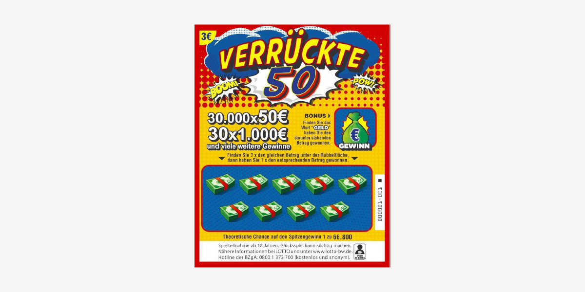 Rubbellos Verrückte 50. Boom! POW! 30.000x50€. 30x1.000€ und viele weitere Gewinne.