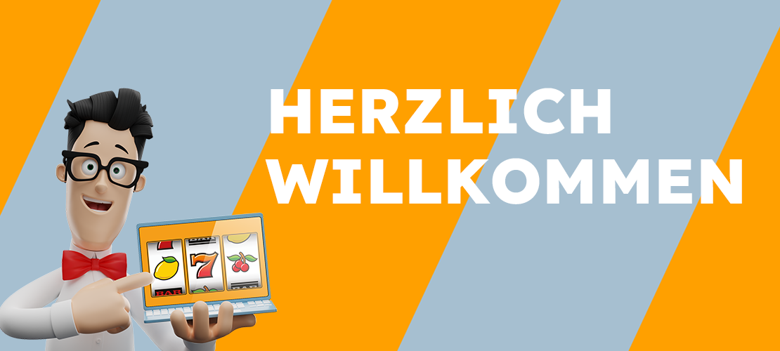 Herzlich willkommen. Ein charakteristisches Illustration einer Person mit dunklen Haaren, Brille und Hemd mit Fliege, die einen Laptop hält, auf dem ein Automatenspiel zu sehen ist.