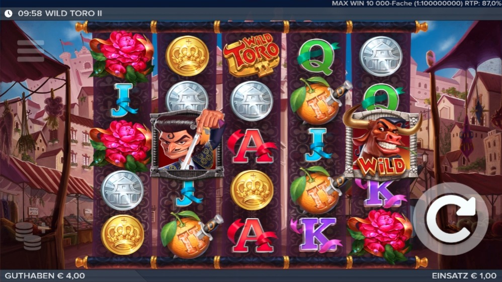 Slot Wild Toro 2 mit bunten Symbolen und Stier-Wild vor Marktplatzkulisse