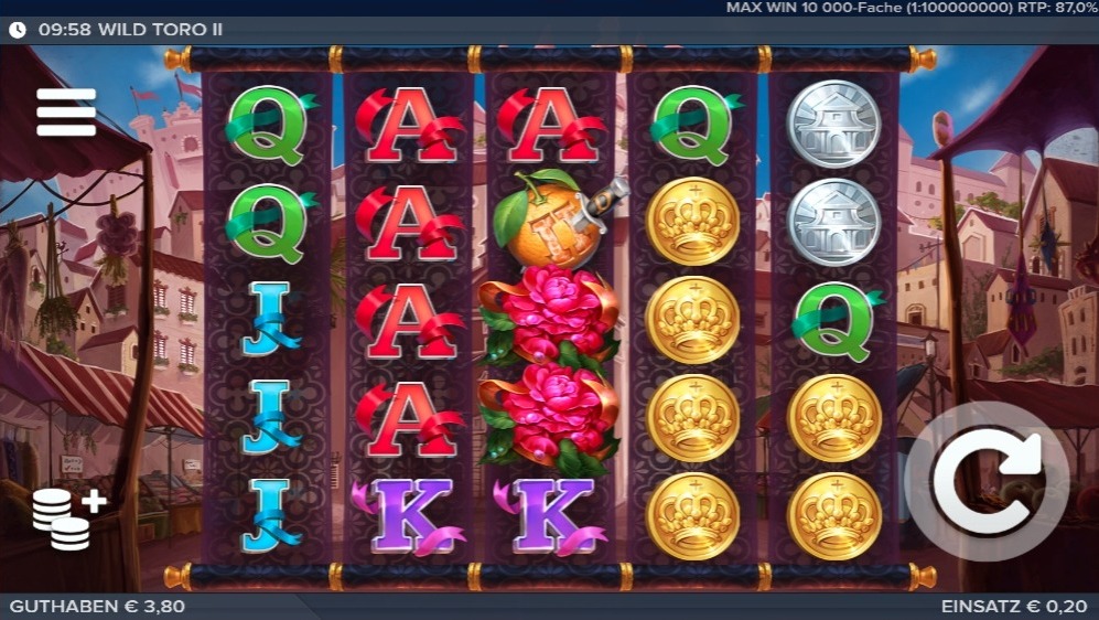 Slot Wild Toro 2 mit M&uuml;nzen, Rosen, Orangen und Buchstaben vor Marktplatz
