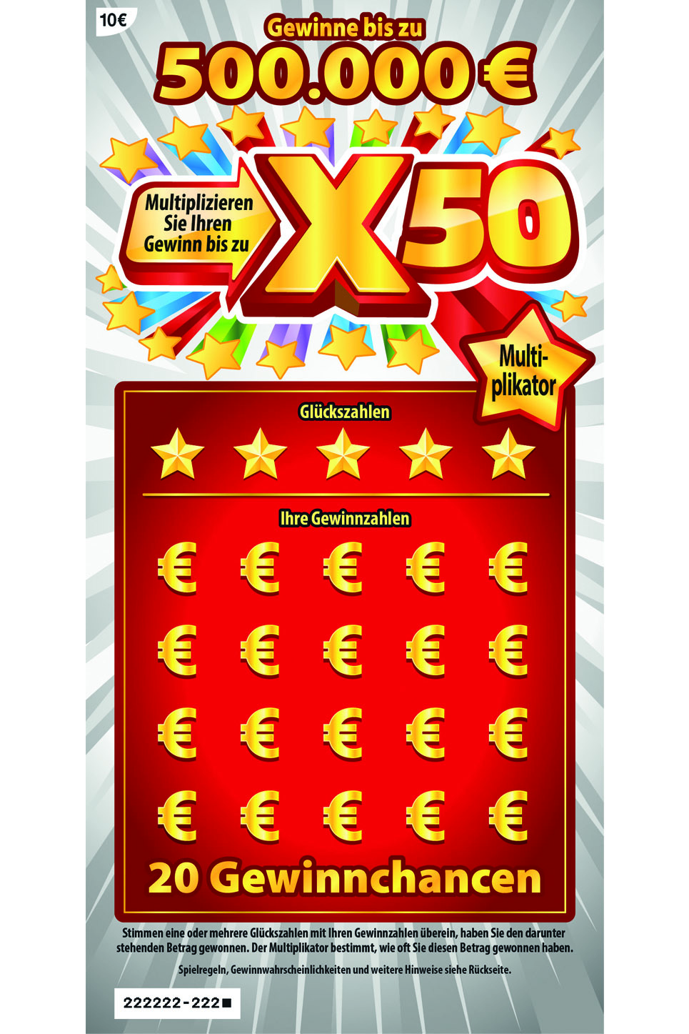 Rubbellos X50 mit Gewinne bis zu 500.000 Euro.